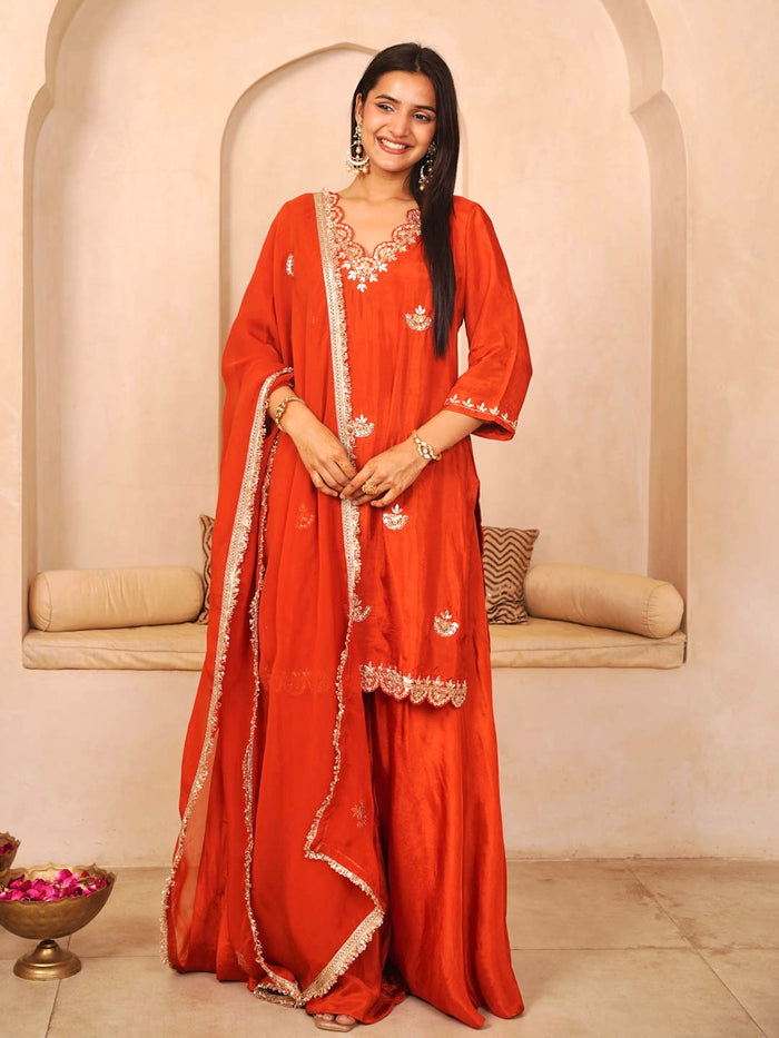 RUST ORANGE PALAZZO SET WITH ORGANZA DUPATTA
