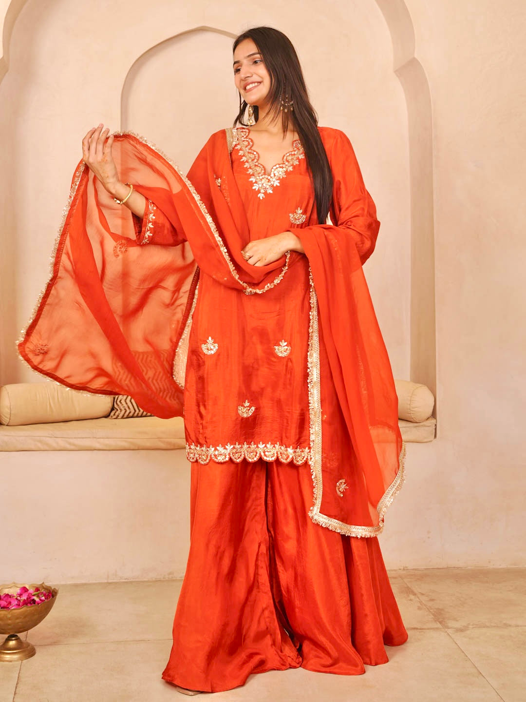 RUST ORANGE PALAZZO SET WITH ORGANZA DUPATTA