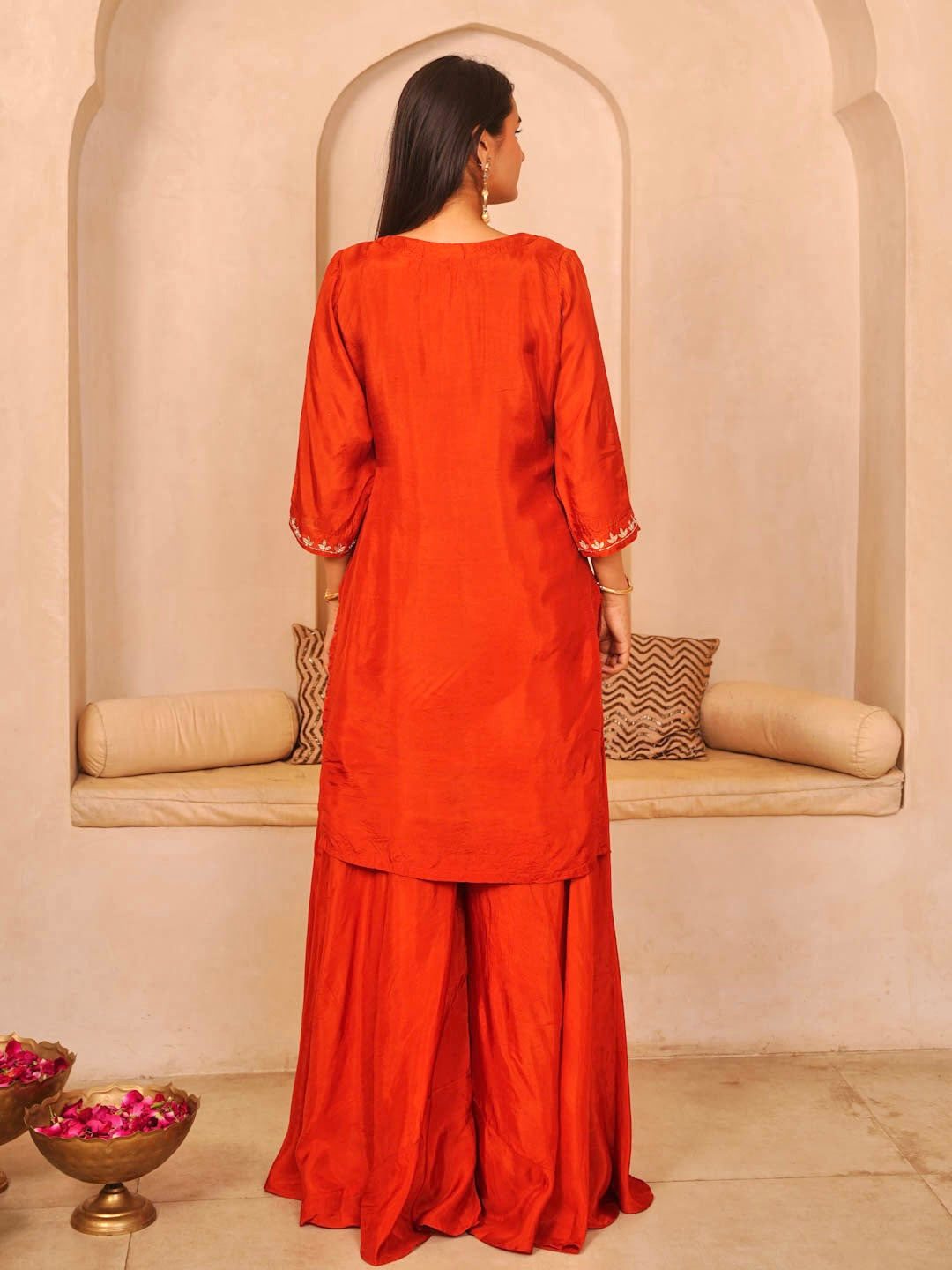 RUST ORANGE PALAZZO SET WITH ORGANZA DUPATTA