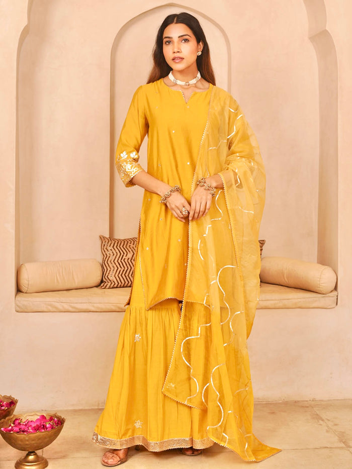 MUSTARD YELLOW CHANDERI SHARARA SET WITH ORGANZA DUPATTA