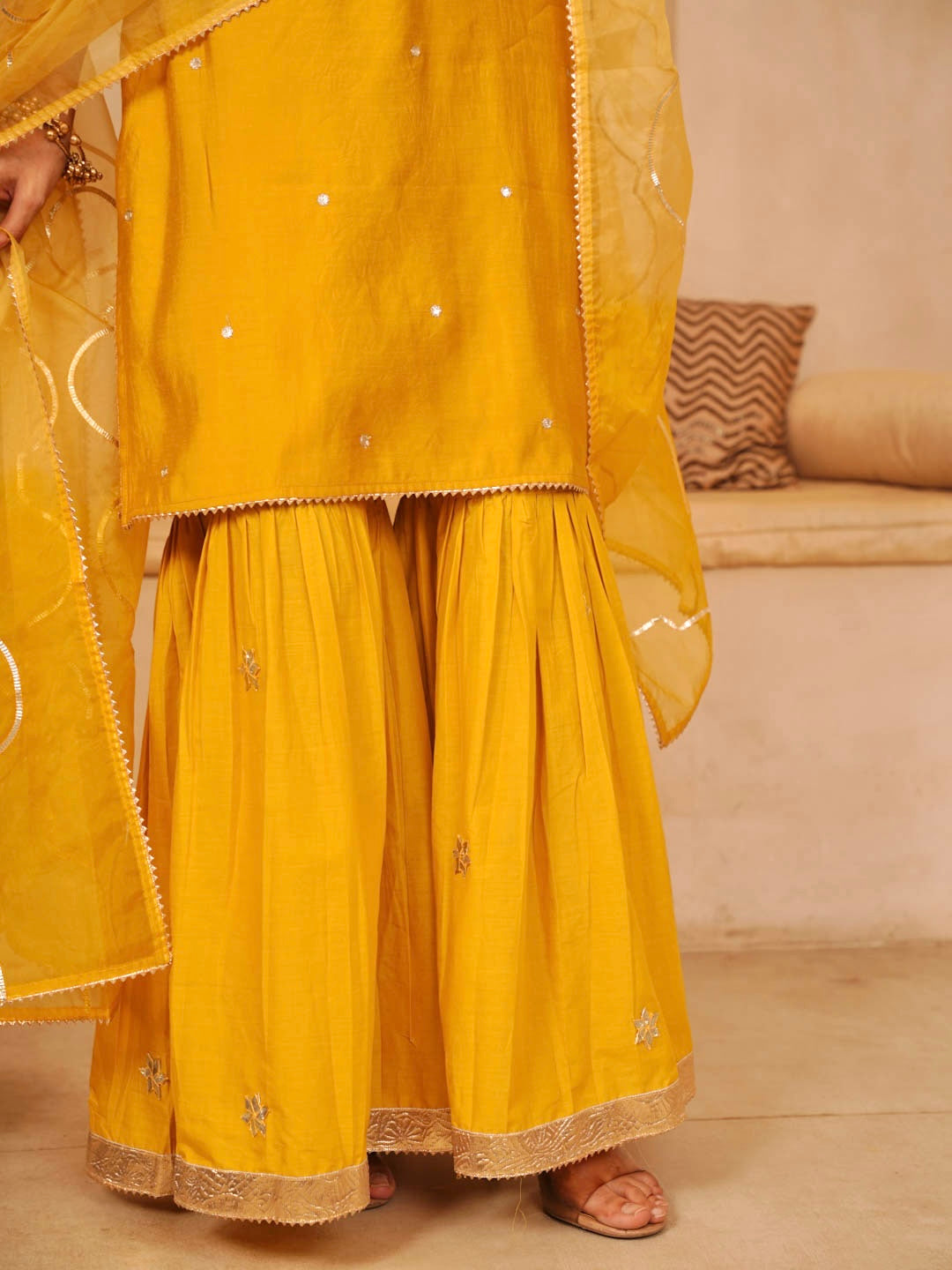 MUSTARD YELLOW CHANDERI SHARARA SET WITH ORGANZA DUPATTA