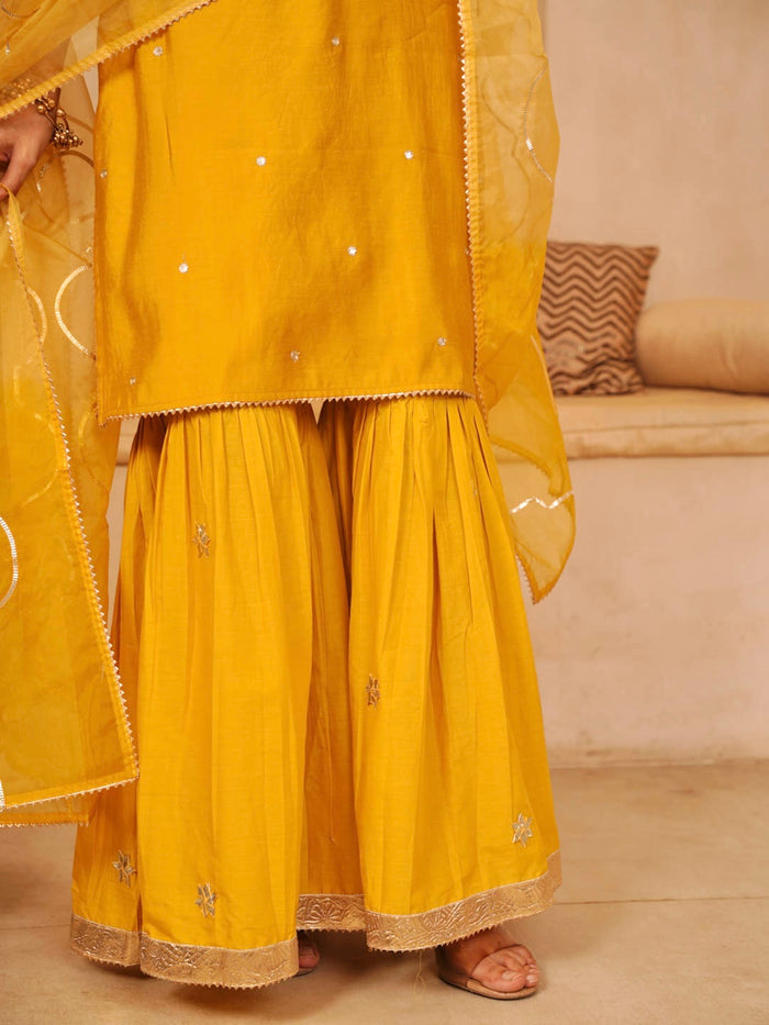 MUSTARD YELLOW CHANDERI SHARARA SET WITH ORGANZA DUPATTA