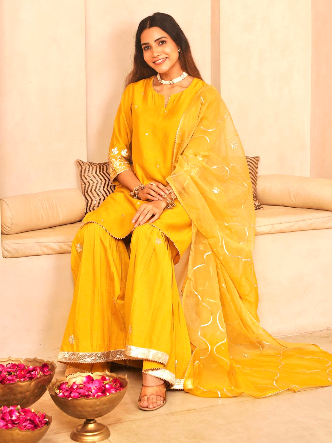 MUSTARD YELLOW CHANDERI SHARARA SET WITH ORGANZA DUPATTA