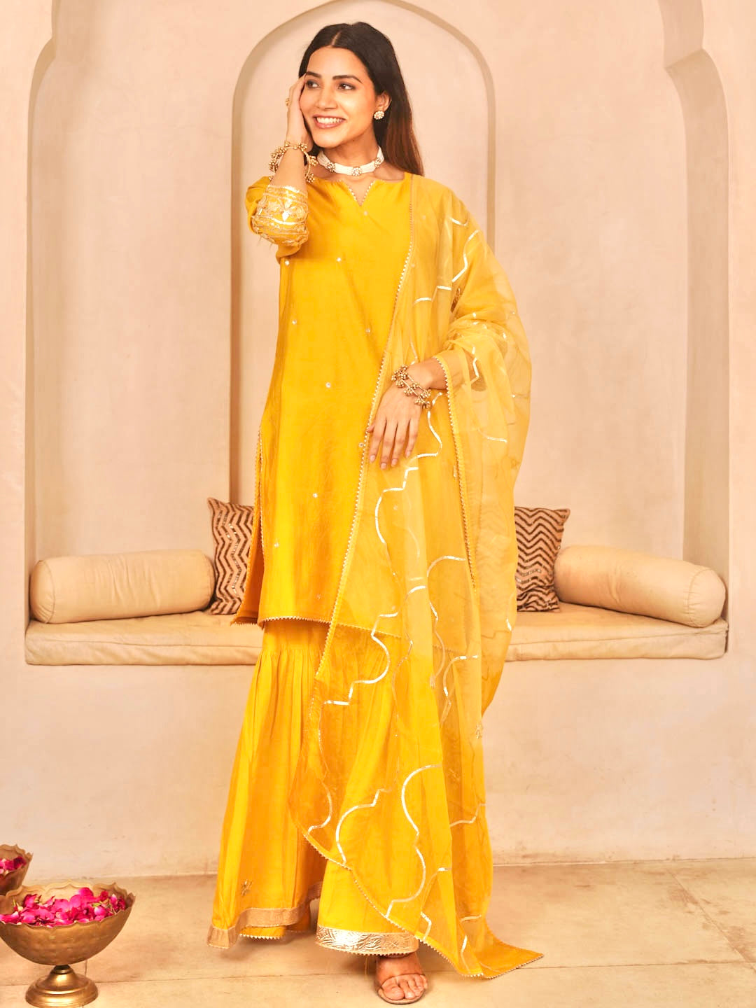 MUSTARD YELLOW CHANDERI SHARARA SET WITH ORGANZA DUPATTA