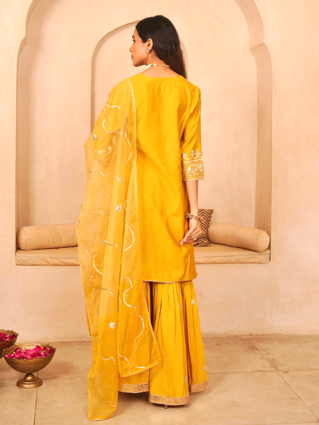 MUSTARD YELLOW CHANDERI SHARARA SET WITH ORGANZA DUPATTA