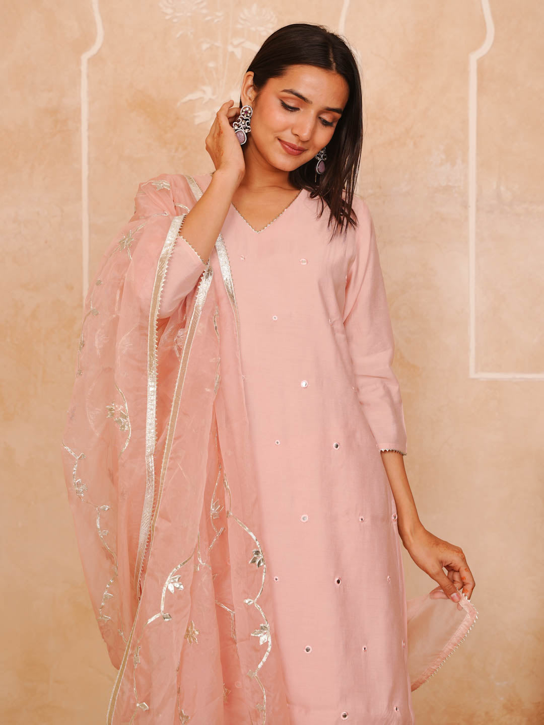 PEACH PINK CHANDERI SHARARA SET WITH ORGANZA DUPATTA