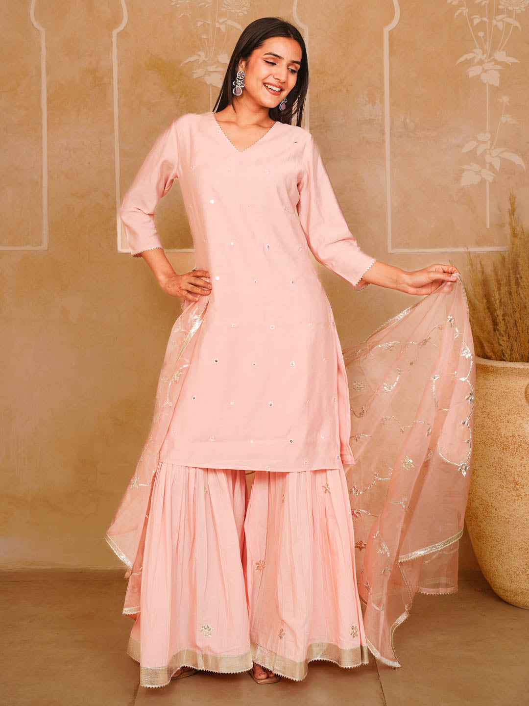 PEACH PINK CHANDERI SHARARA SET WITH ORGANZA DUPATTA