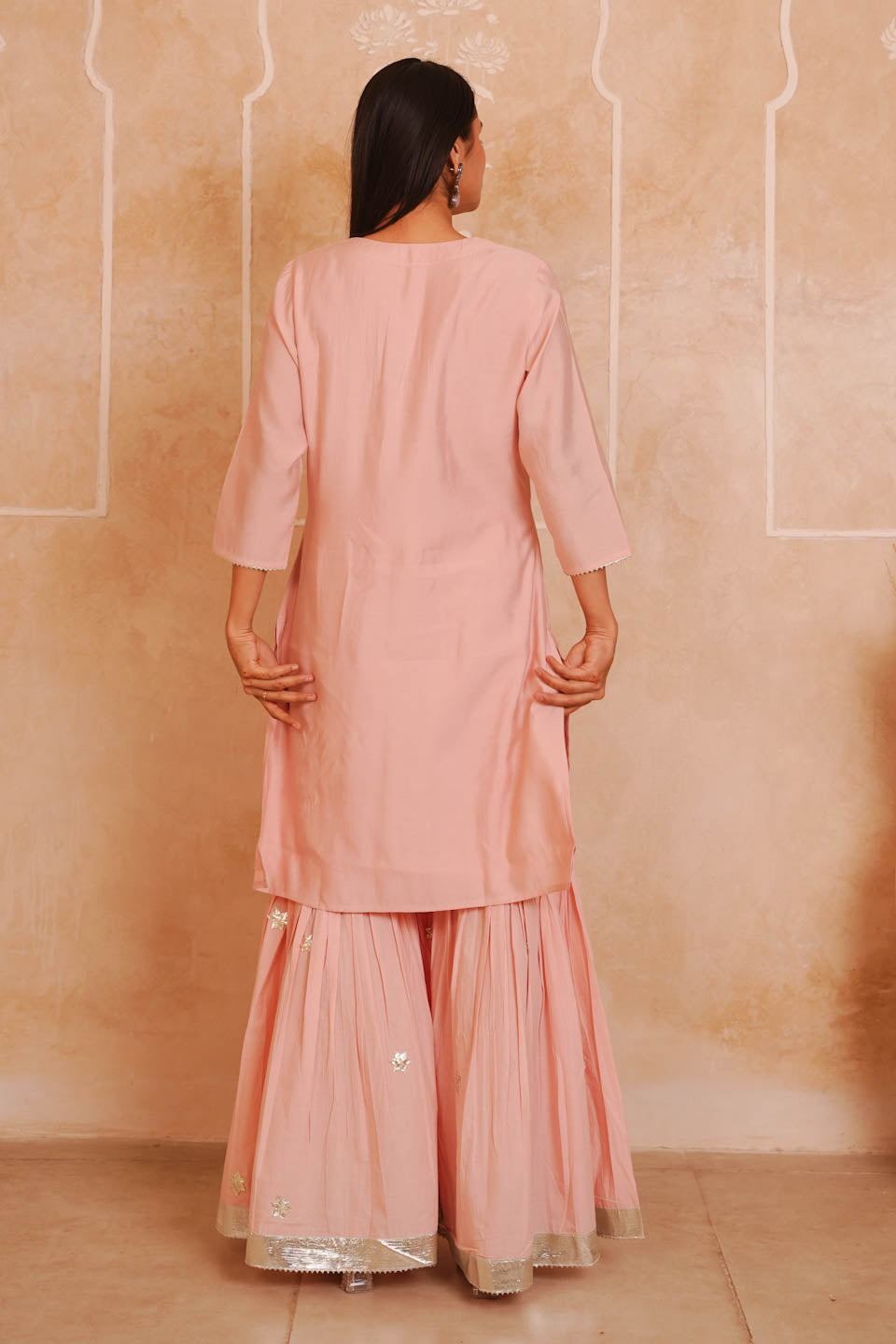 PEACH PINK CHANDERI SHARARA SET WITH ORGANZA DUPATTA