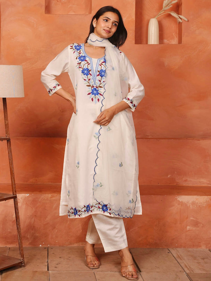 WHITE CHANDERI SUIT SET WITH EMBROIDERY AND ORGANZA DUPATTA