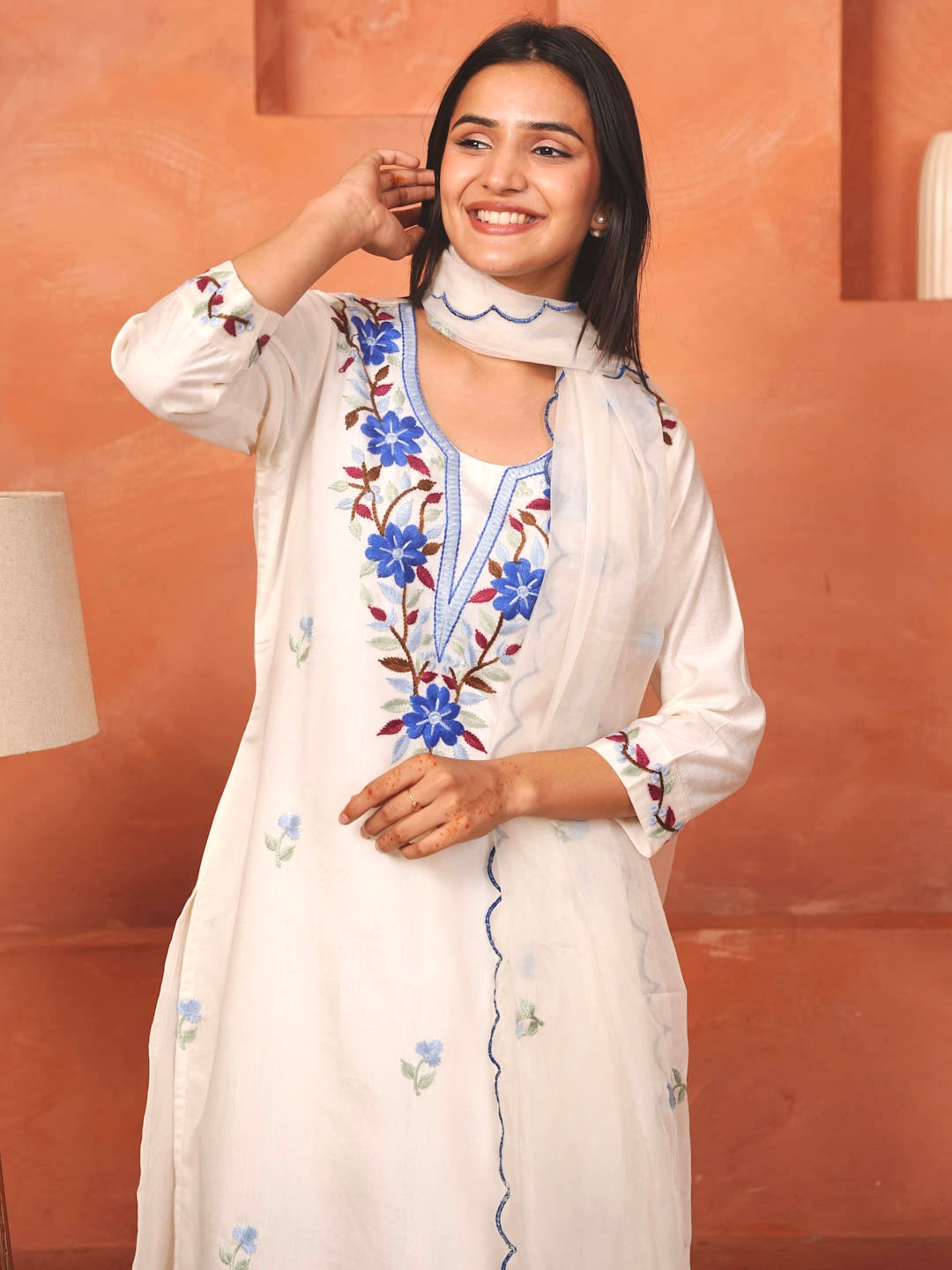 WHITE CHANDERI SUIT SET WITH EMBROIDERY AND ORGANZA DUPATTA