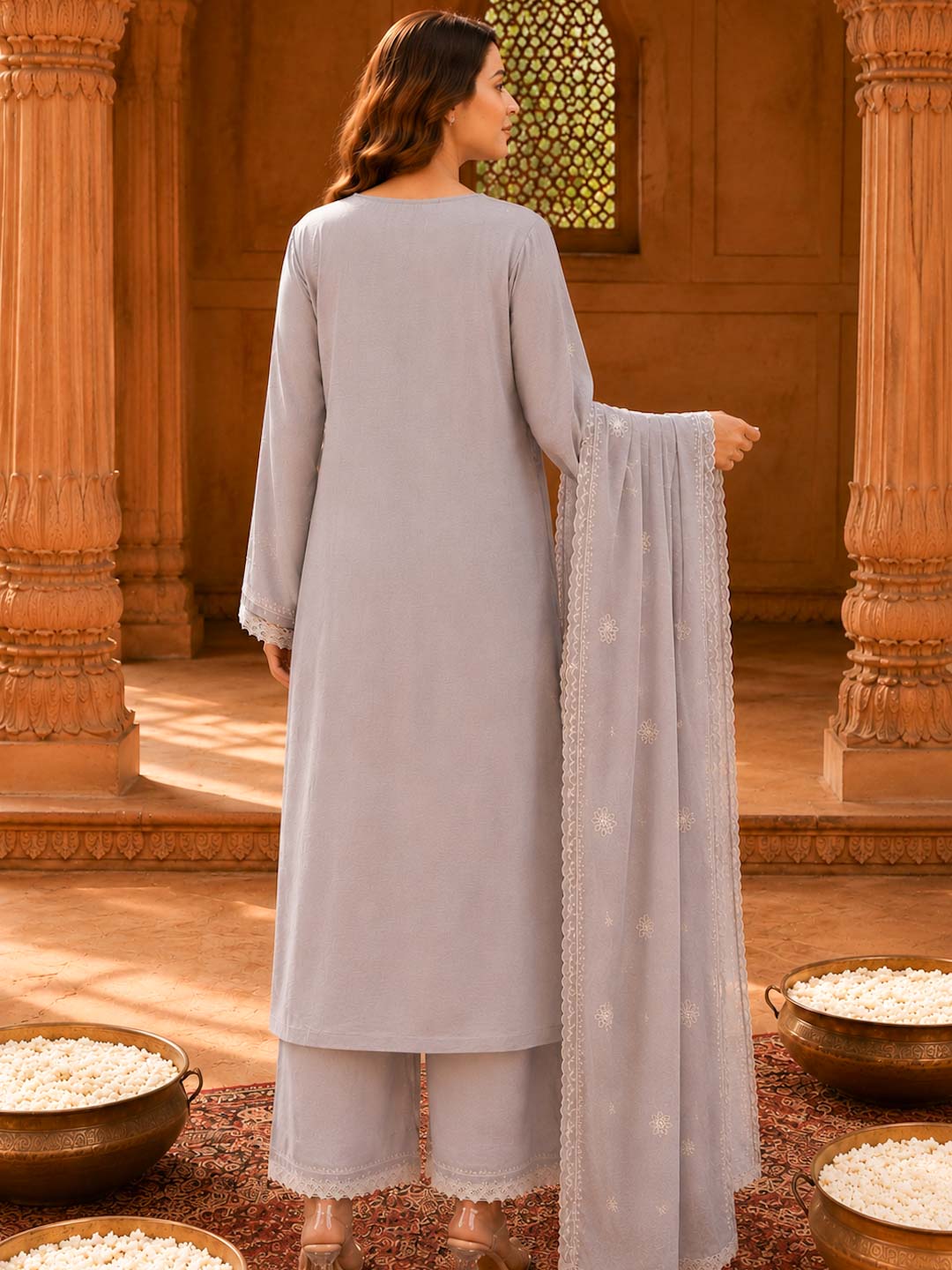 GREY CRUSHED MUL CHANDERI EMBROIDERED SUIT SET