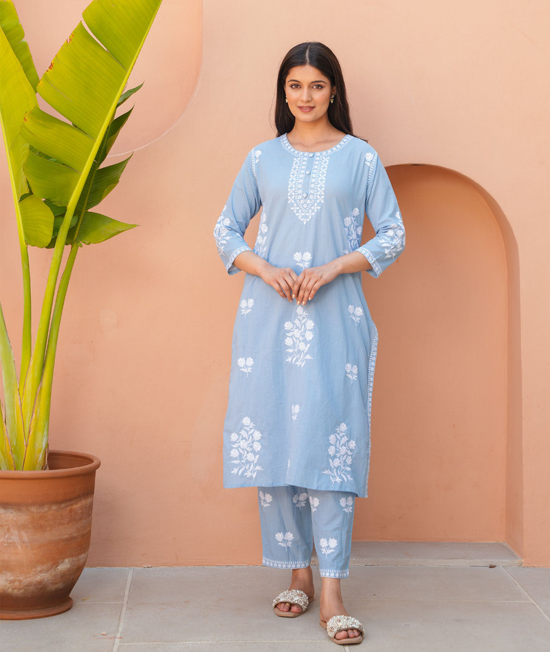 BLUE EMBROIDERED COTTON KURTA SET