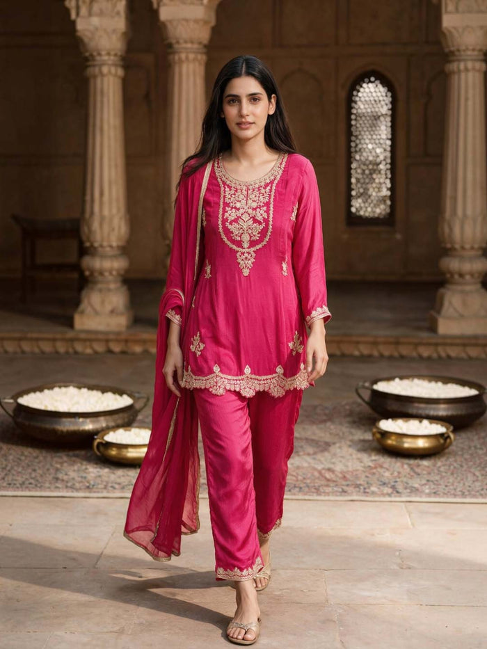 RANI PINK CHINON HANDWORK SUIT SET