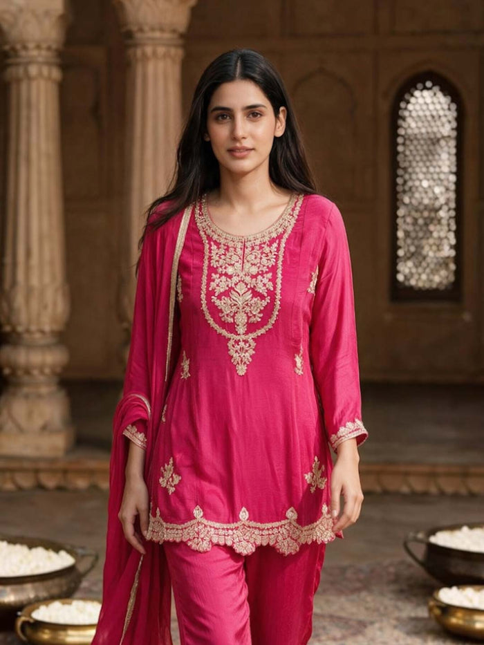 RANI PINK CHINON HANDWORK SUIT SET