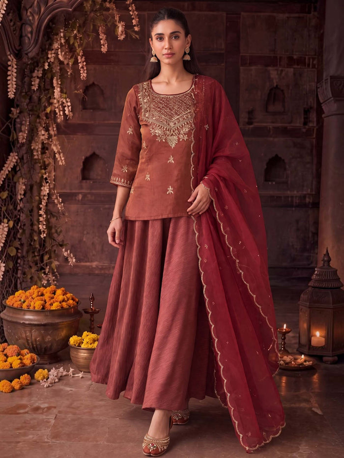 DUSKY RED SKIRT SET WITH HANDWORK AND ORGANZA DUPATTA