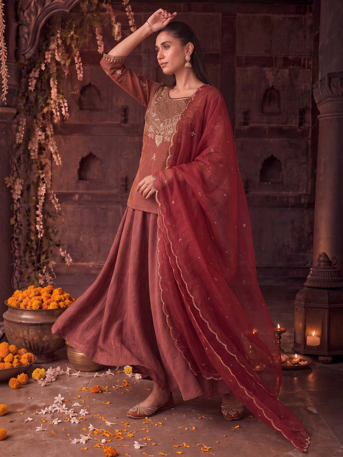 DUSKY RED SKIRT SET WITH HANDWORK AND ORGANZA DUPATTA