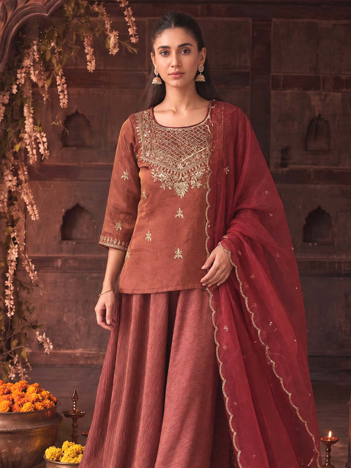 DUSKY RED SKIRT SET WITH HANDWORK AND ORGANZA DUPATTA