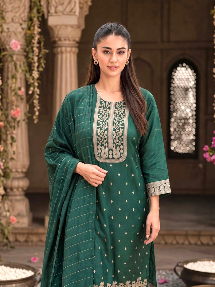 BOTTLE GREEN GOLD FOIL PRINTED SUIT SET