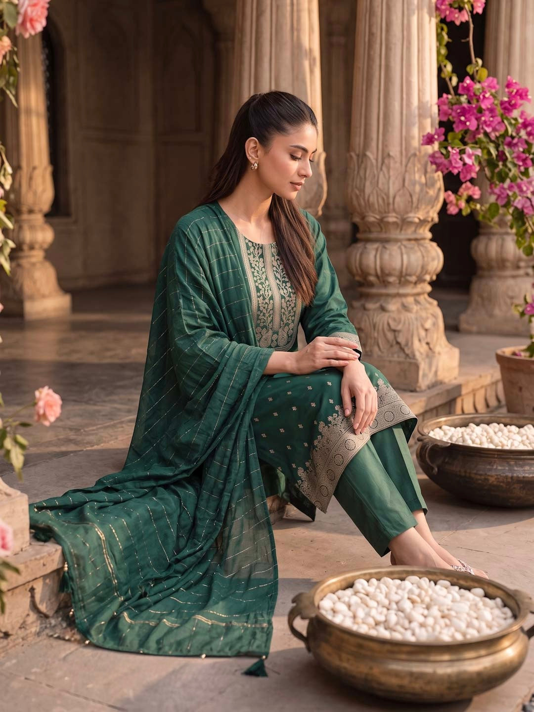 BOTTLE GREEN GOLD FOIL PRINTED SUIT SET