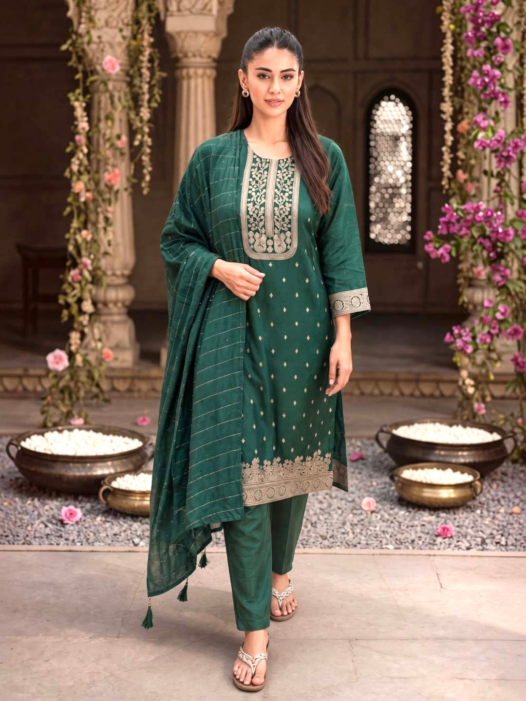 BOTTLE GREEN GOLD FOIL PRINTED SUIT SET