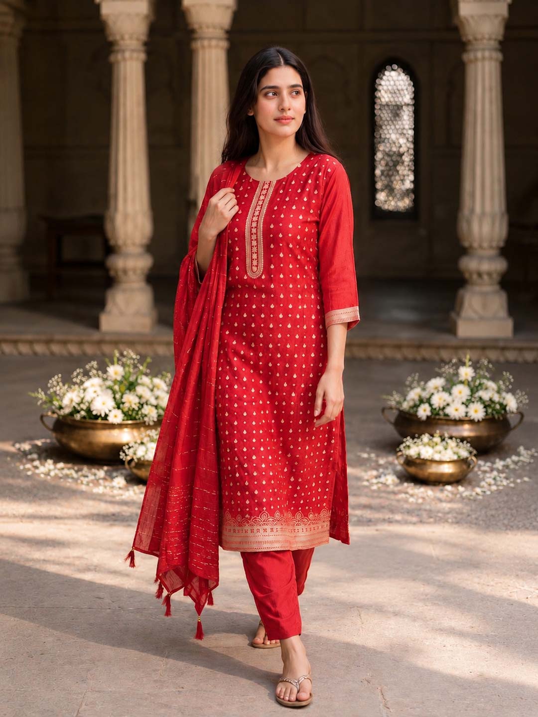 RED GOLD FOIL PRINTED SUIT SET