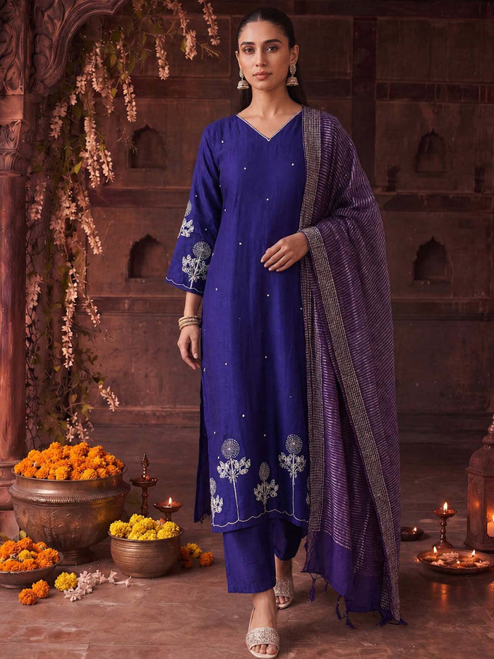 VIOLET HANDWORK SUIT SET WITH ORGANZA DUPATTA