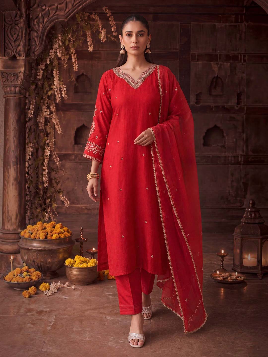 CORAL RED HANDWORK SUIT SET WITH ORGANZA DUPATTA