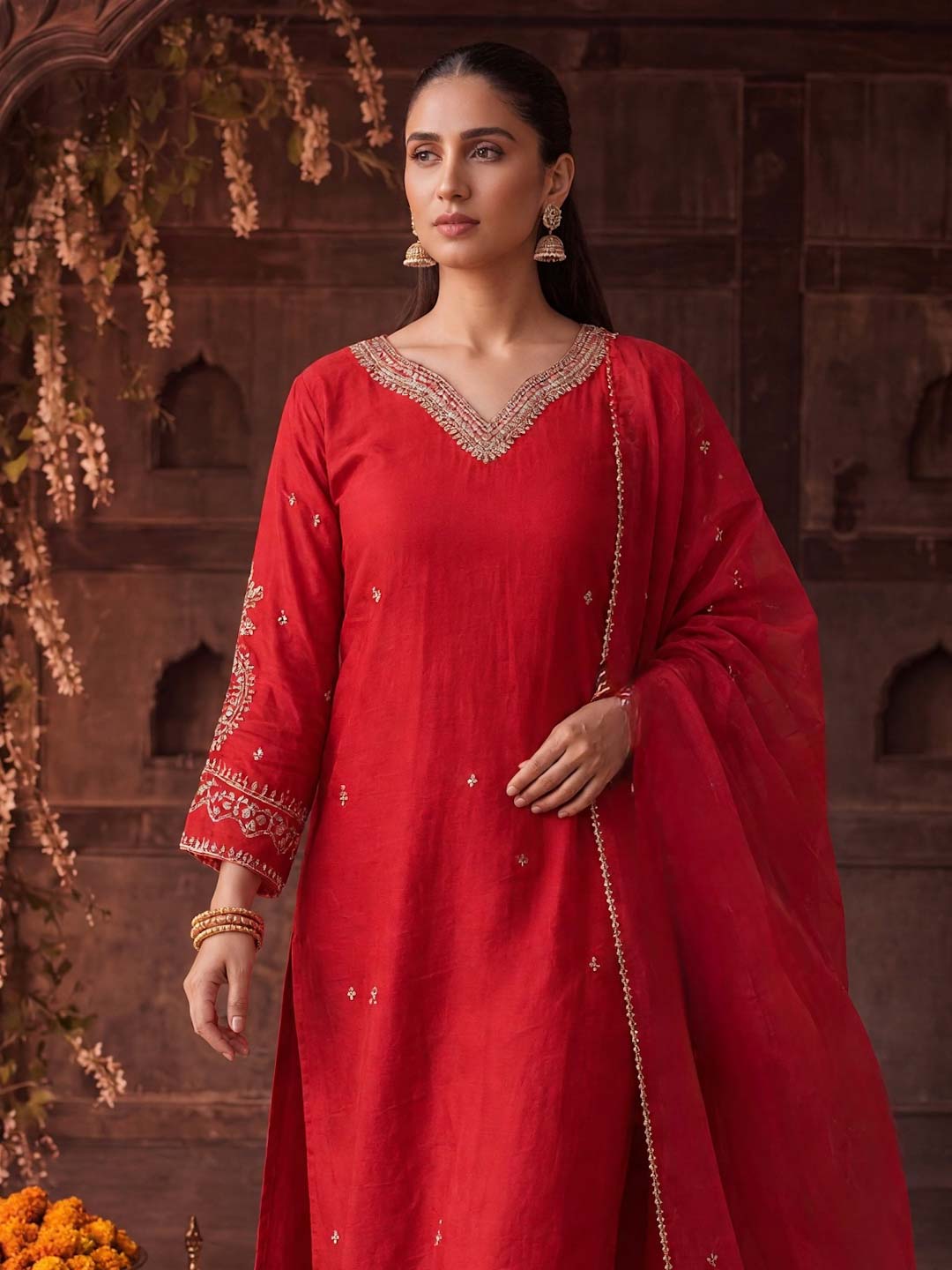 CORAL RED HANDWORK SUIT SET WITH ORGANZA DUPATTA