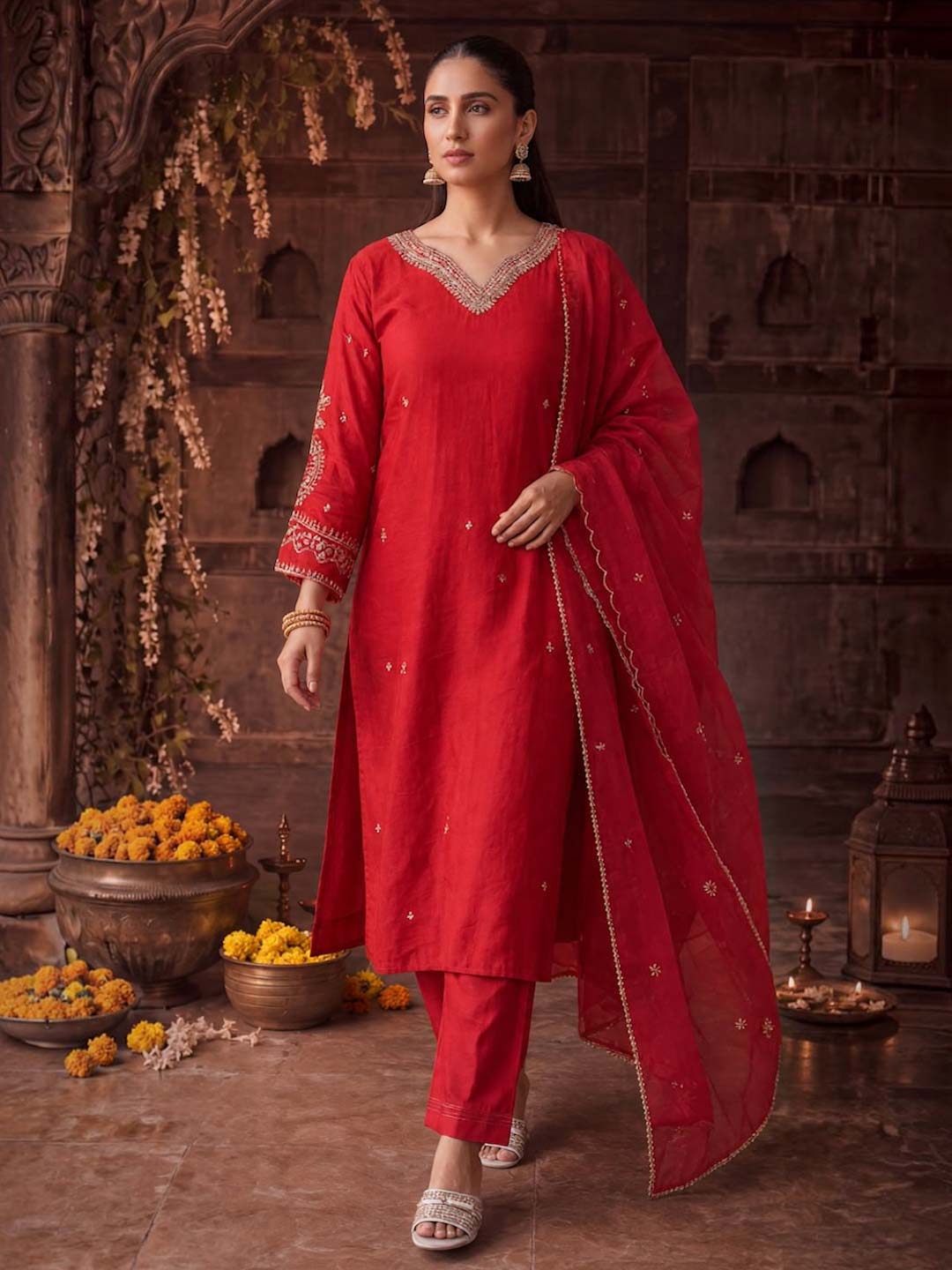 CORAL RED HANDWORK SUIT SET WITH ORGANZA DUPATTA
