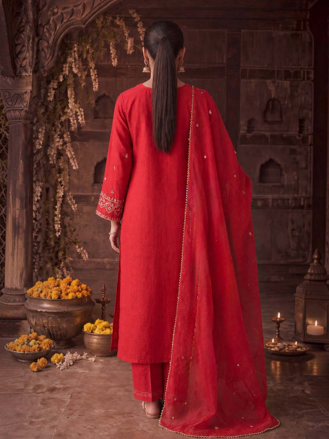 CORAL RED HANDWORK SUIT SET WITH ORGANZA DUPATTA