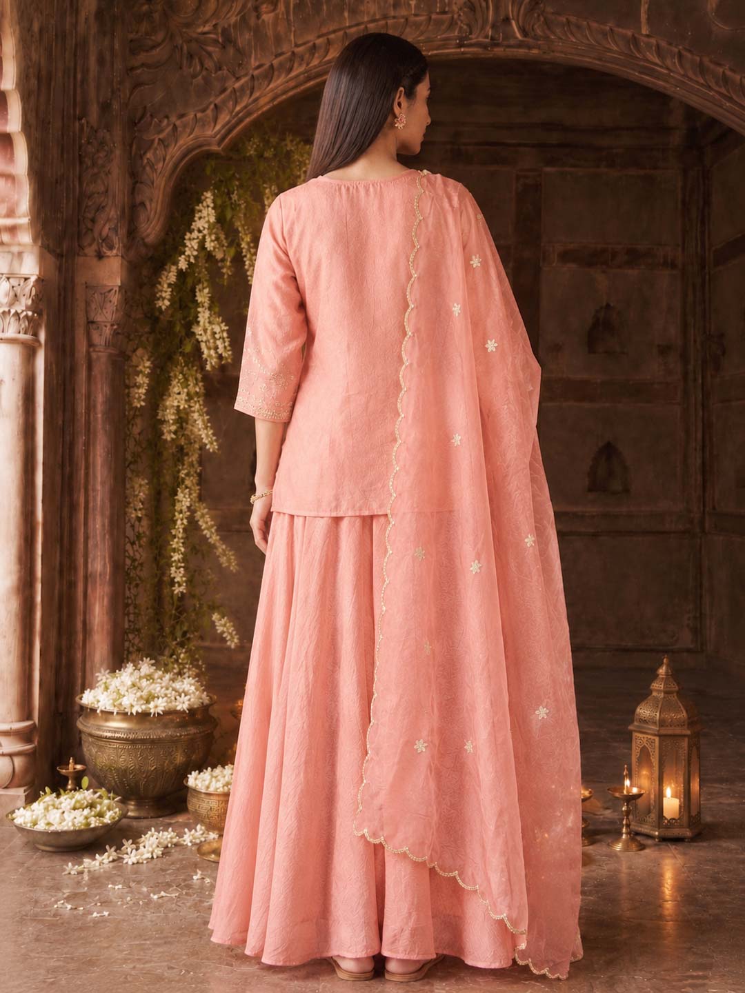 PEACH PINK TISSUE SKIRT SET WITH HANDWORK AND ORGANZA DUPATTA