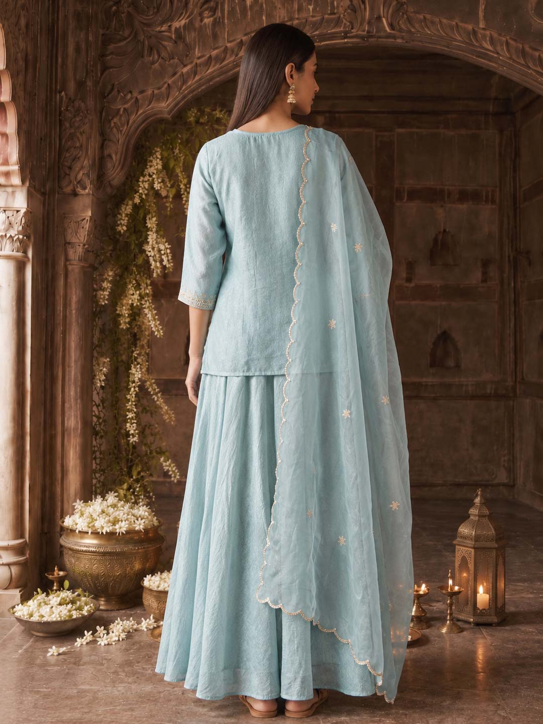 SEA GREEN SKIRT SET WITH HANDWORK AND ORGANZA DUPATTA