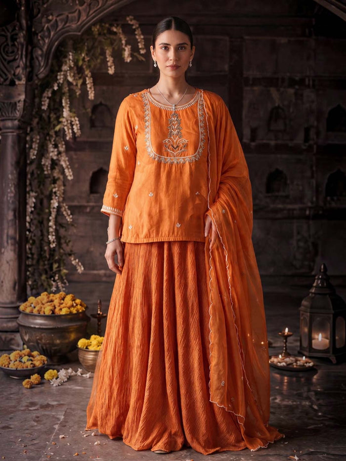 ORANGE KURTA & SKIRT SET WITH HANDWORK AND ORGANZA DUPATTA