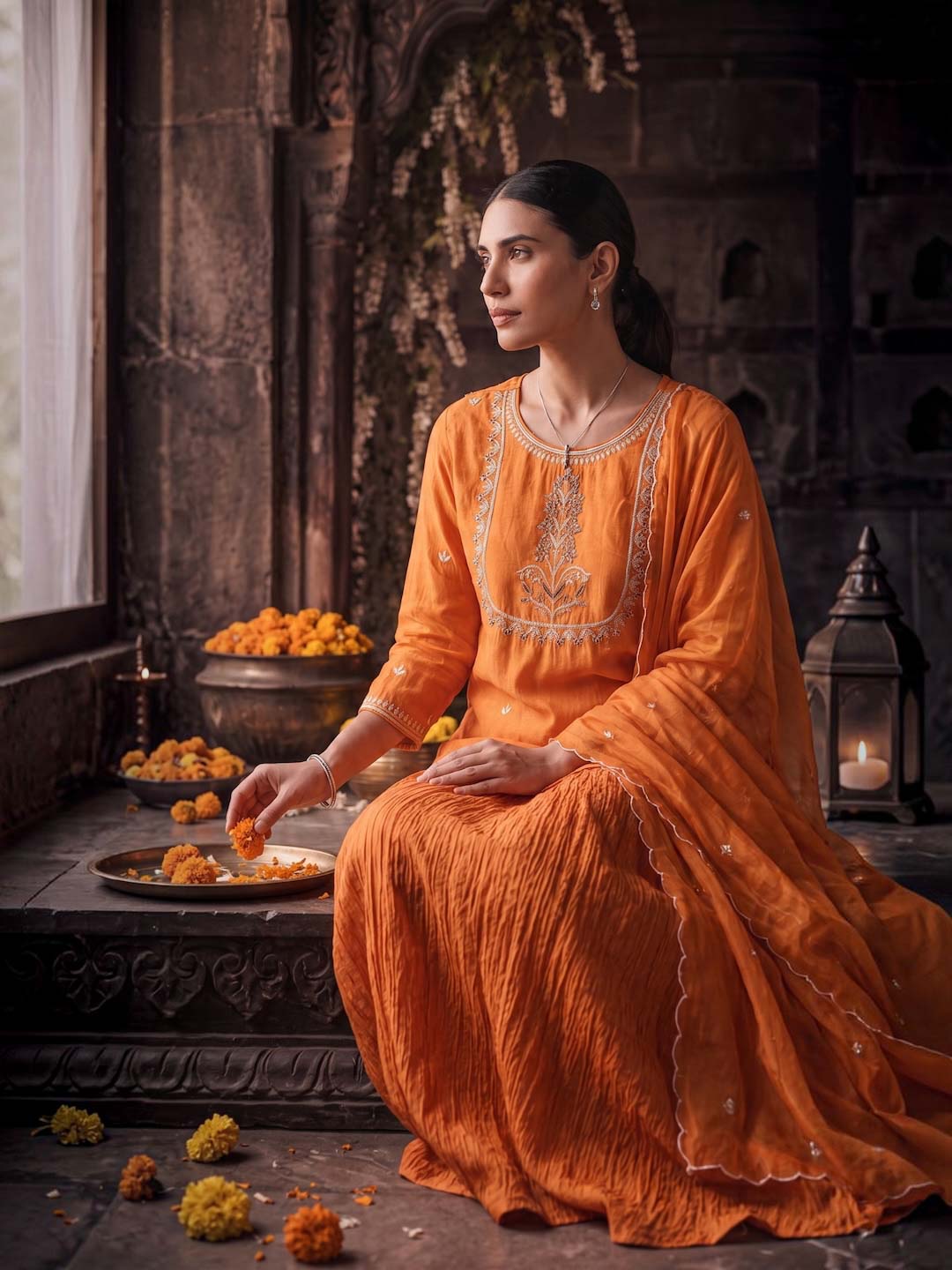 ORANGE KURTA & SKIRT SET WITH HANDWORK AND ORGANZA DUPATTA