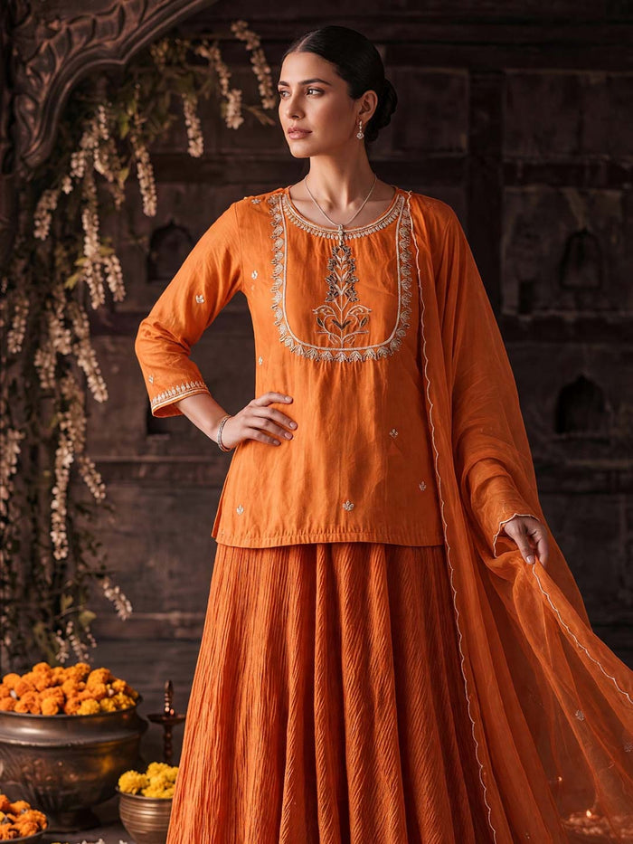 ORANGE KURTA & SKIRT SET WITH HANDWORK AND ORGANZA DUPATTA