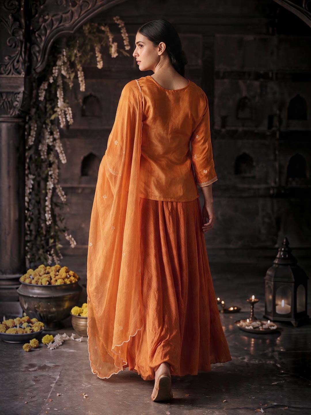 ORANGE KURTA & SKIRT SET WITH HANDWORK AND ORGANZA DUPATTA