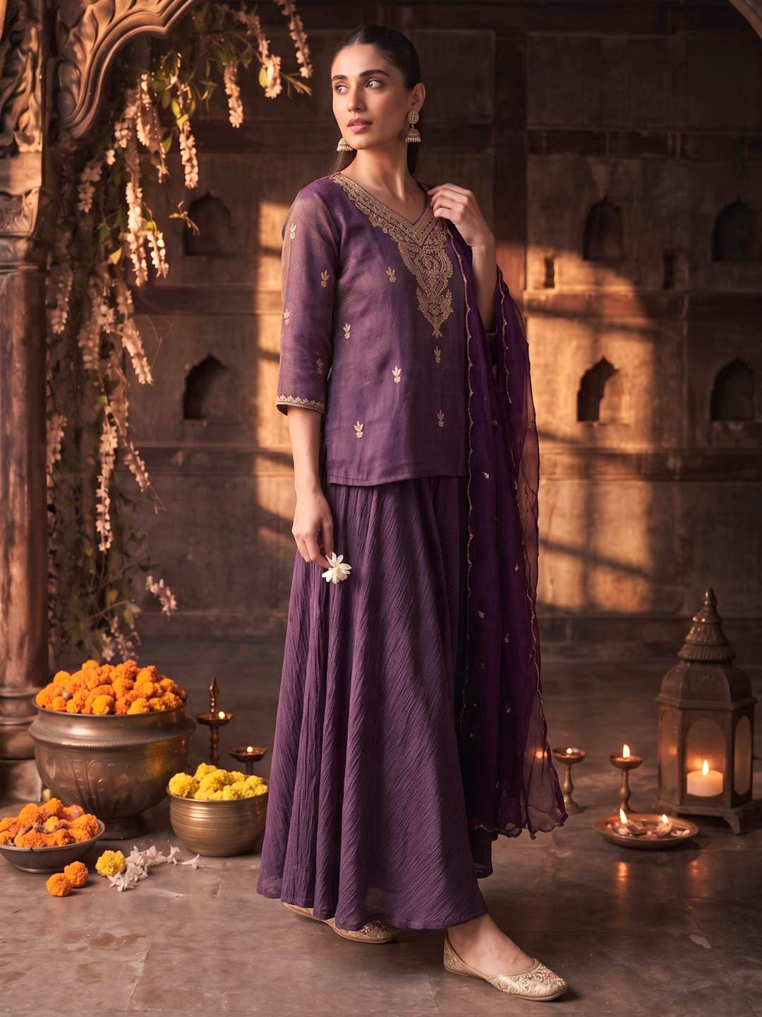 PLUM PURPLE SKIRT SET WITH HANDWORK AND ORGANZA DUPATTA