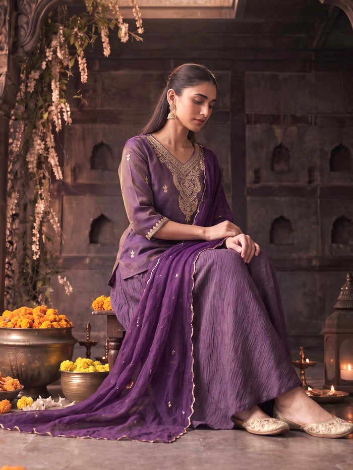 PLUM PURPLE SKIRT SET WITH HANDWORK AND ORGANZA DUPATTA
