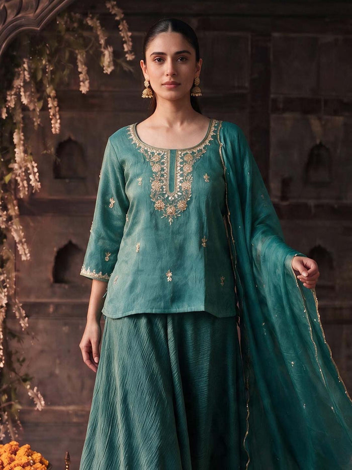 TEAL GREEN SKIRT SET WITH HANDWORK AND ORGANZA DUPATTA