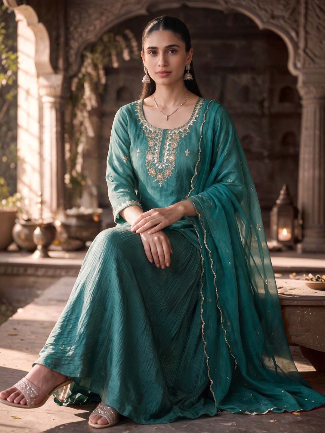 TEAL GREEN SKIRT SET WITH HANDWORK AND ORGANZA DUPATTA