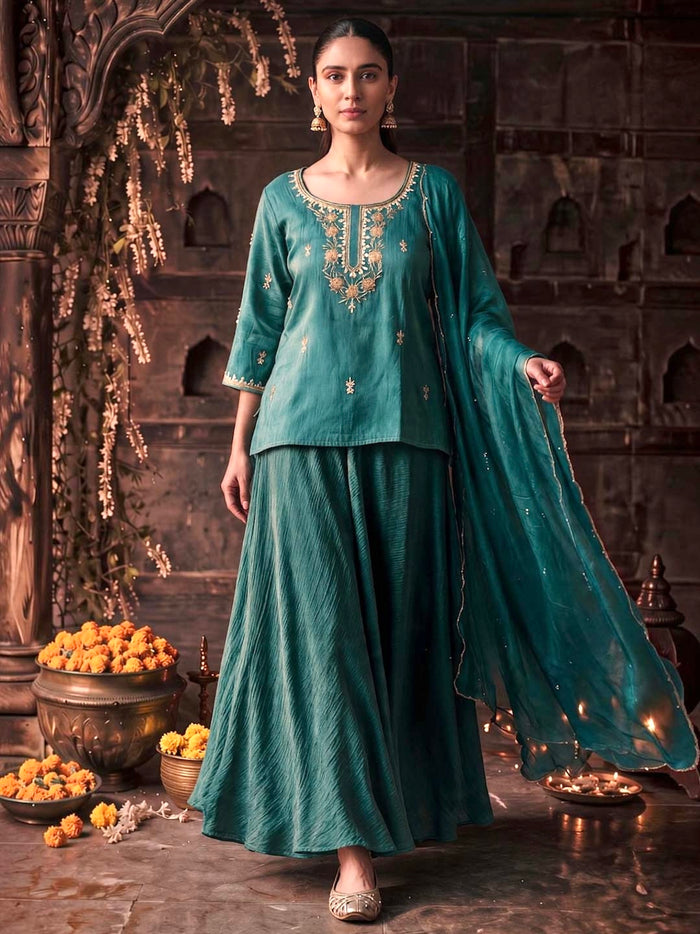 TEAL GREEN SKIRT SET WITH HANDWORK AND ORGANZA DUPATTA