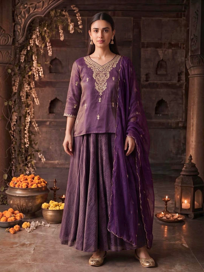 PLUM PURPLE SKIRT SET WITH HANDWORK AND ORGANZA DUPATTA