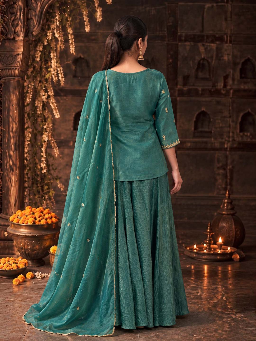 TEAL GREEN SKIRT SET WITH HANDWORK AND ORGANZA DUPATTA