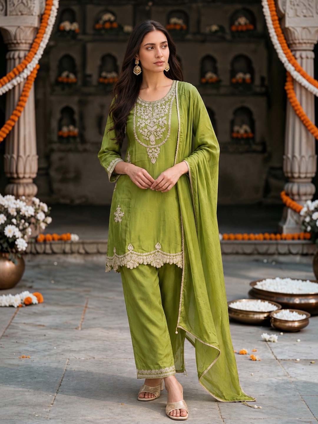 OLIVE GREEN CHINON HANDWORK SUIT SET