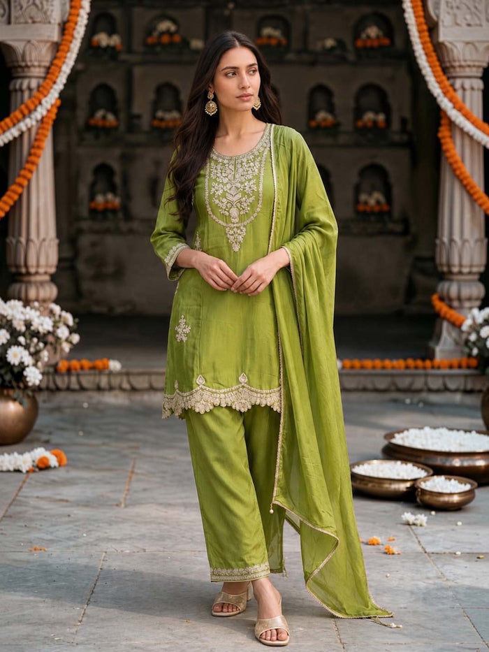 OLIVE GREEN CHINON HANDWORK SUIT SET
