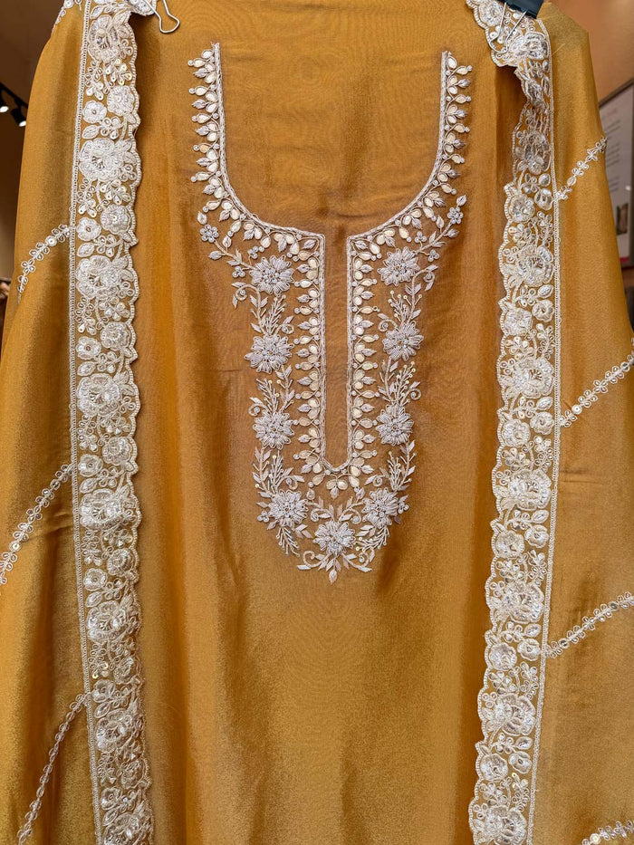MUSTARD YELLOW TISSUE UNSTITCHED SUIT SET WITH GOTTA WORK
