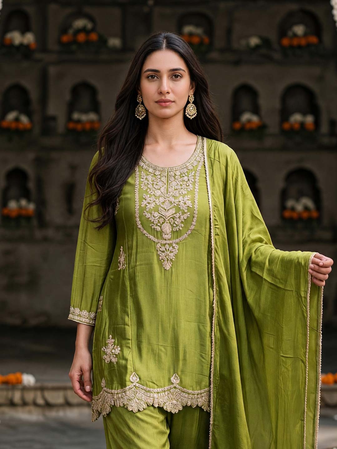 OLIVE GREEN CHINON HANDWORK SUIT SET
