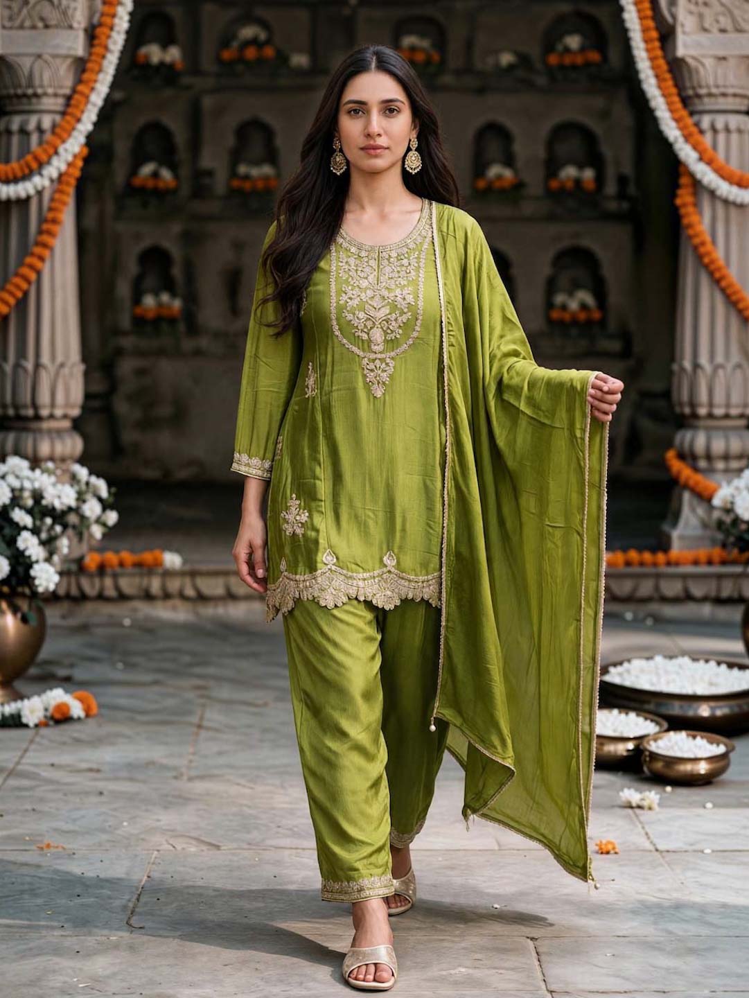 OLIVE GREEN CHINON HANDWORK SUIT SET