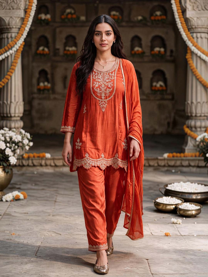 ORANGE CHINON HANDWORK SUIT SET