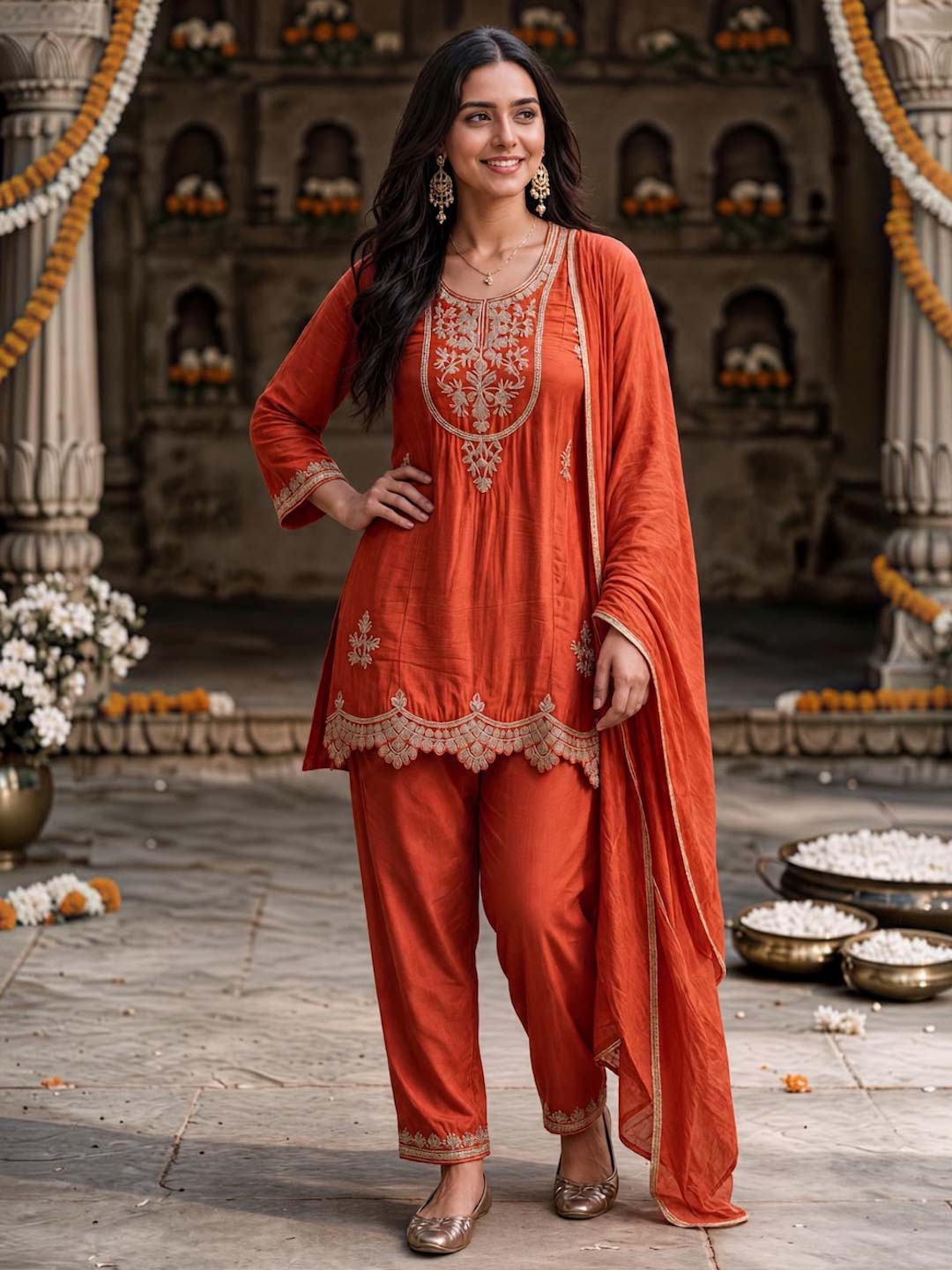 ORANGE CHINON HANDWORK SUIT SET